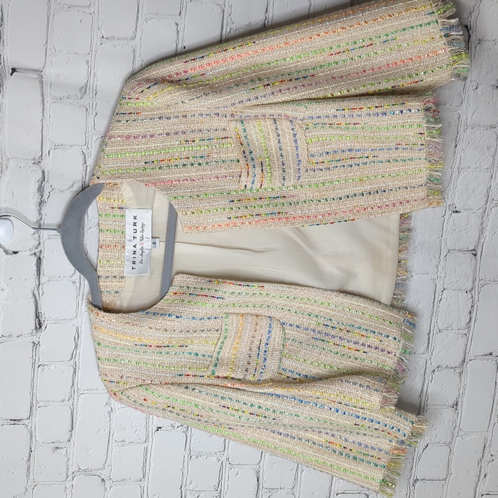 Trina turk metallic fringe rainbow cropped blazer